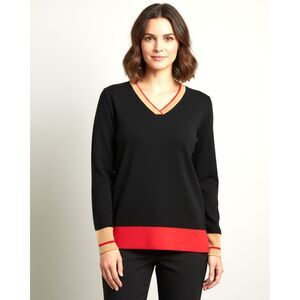 Lineamidas Italy Merino Wool Blend V-Neck Sweater M VTG Black Red Trim Designer